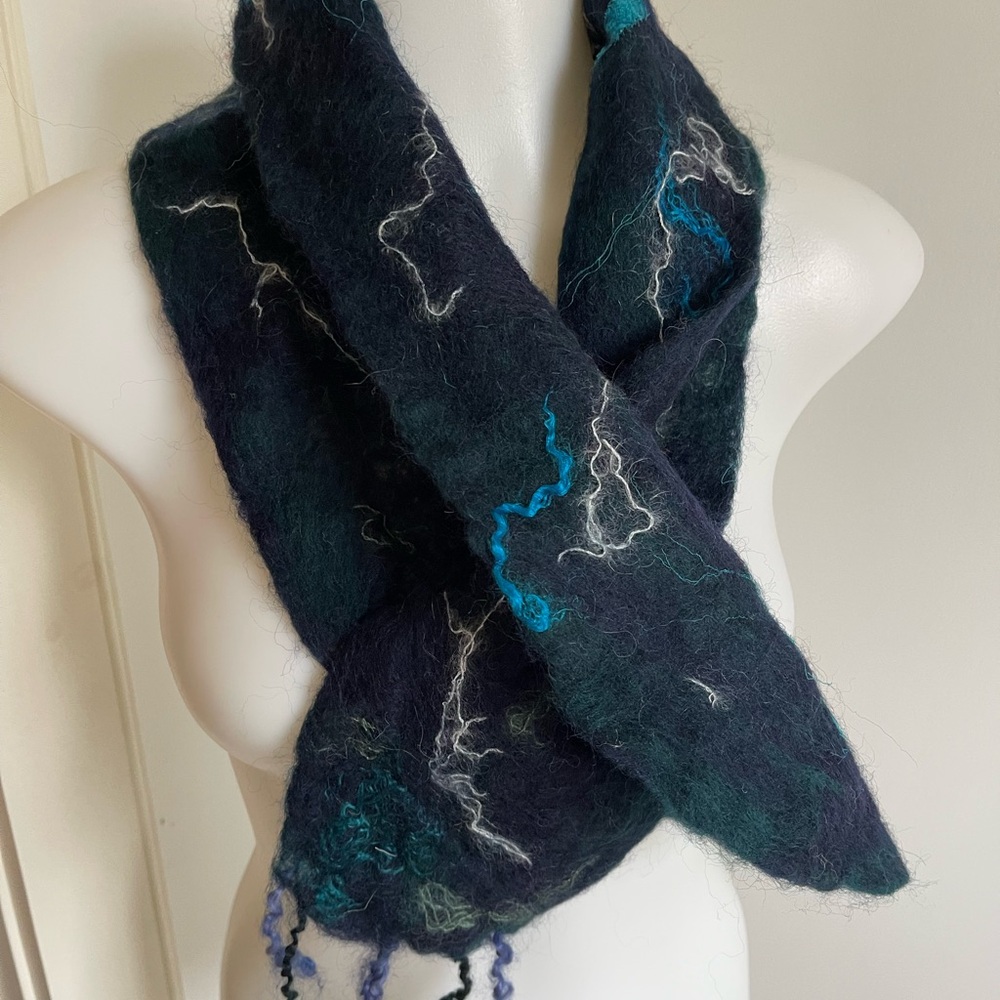 Handcrafted Teal and Navy Felted Merino Wool Scarf